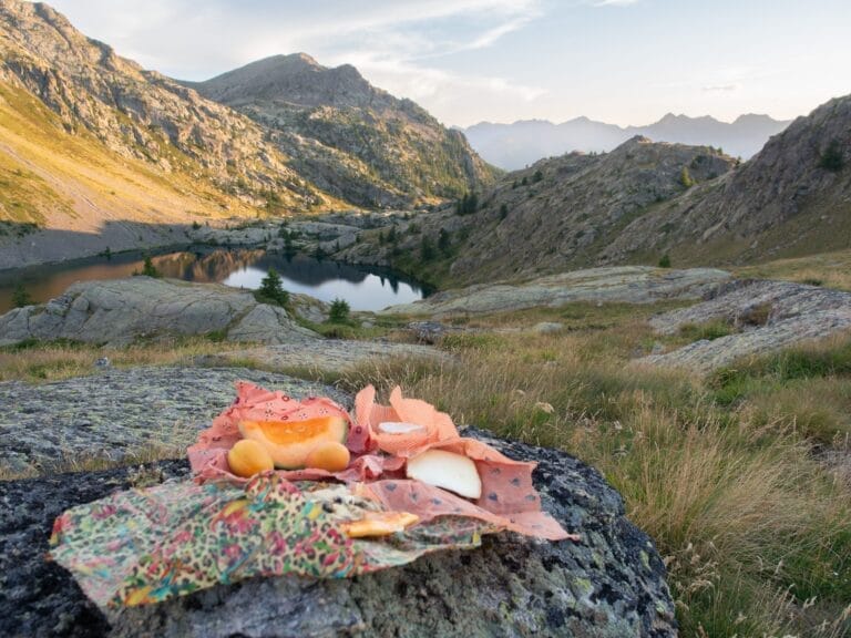 Pique-nique juste sorti des beeswraps au lac de Vens, dans le Mercantour