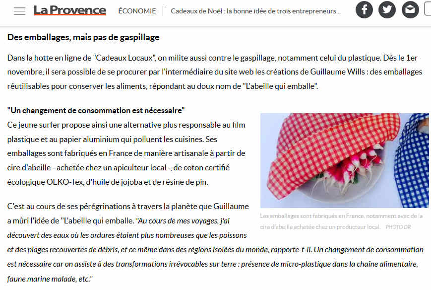 Quotidien La Provence: L'abeille qui emballe au top des cadeaux écoresponsables produits par des artisans de la région PACA