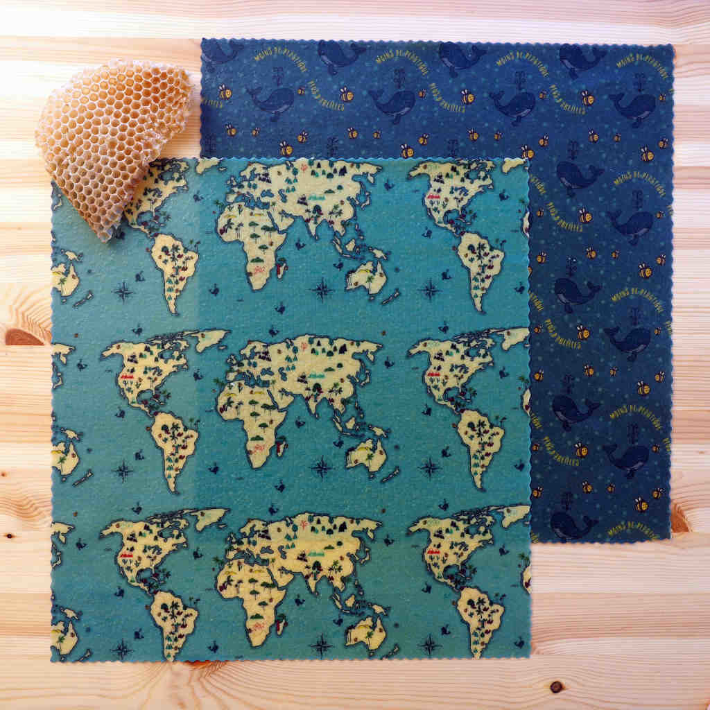 Pack "Duo Couvr'tout" de 2 bee wraps de taille medium de L'abeille qui emballe, collection "Planète bleue"